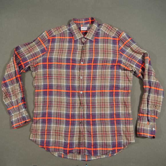 Bagutta Shirt Mens 17.5 44 Red Blue Orange Plaid Linen Button Up Long Sleeve - Picture 1 of 14